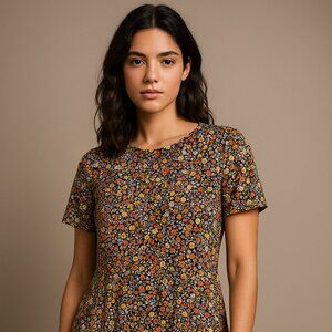 LOFT Black Multicolor Floral Short Sleeve Dress – Size Small